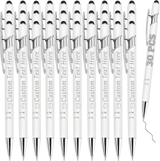 Personalized Pens Bulk 30 with Name Custom Engraving Ballpoint Pens with Stylus Tip Customized Smooth Writing Pens Personalized Gifts for Anniversary Birthday or Graduation(White,Black Ink)