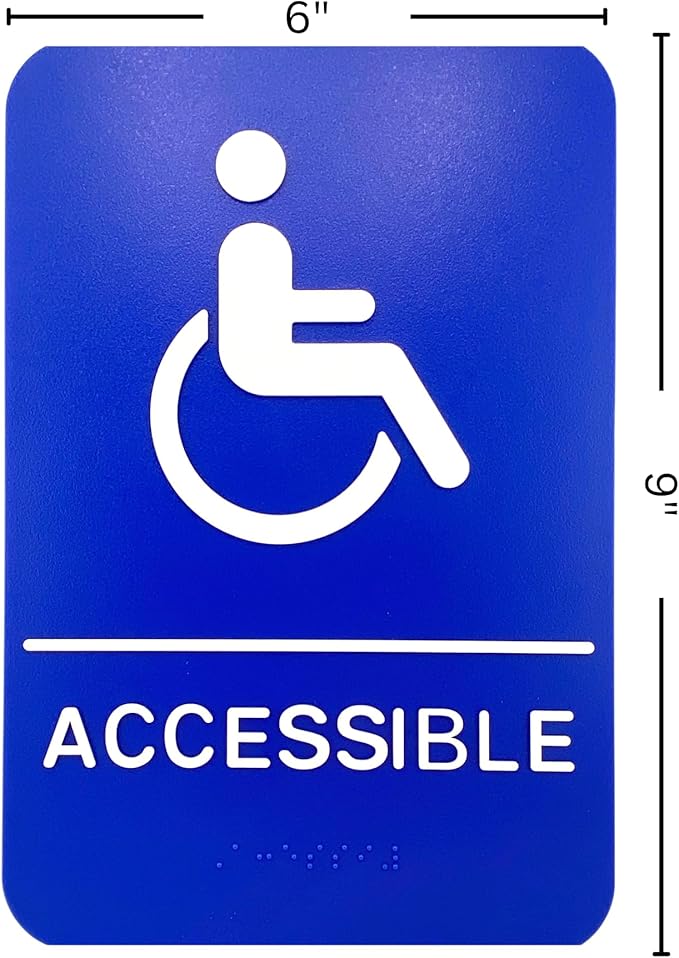 ADA Handicap Accessible Compliant Sign with Braille Sign w/Adhesive Back - Durable and Wipe Clean Plastic - 9"X6" - Blue and White - Business Restaurant Signage - 12 PK