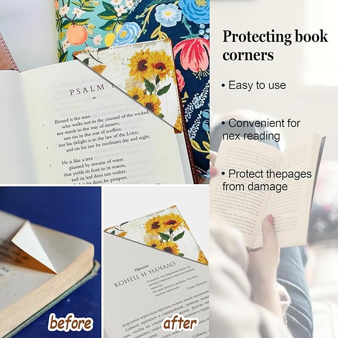 Personalized Leather Bookmarks, Fun Corner Pge Book Marks, Vintage Book Accessories for Reading Lovers Women Girls Student Teacher Kids Retirement Birthday Gifts (4 Pack Cute Sunflower)