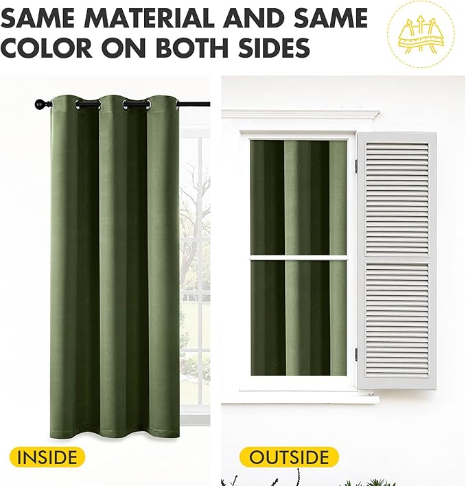 MIULEE Olive Green Blackout Curtains for Bedroom Living Room 84 Inches Long 2 Panels, Thermal Insulated Room Darkening Drapes Solid Grommet Top Noise Reducing Dark Green Window Treatments 40x84 Inch