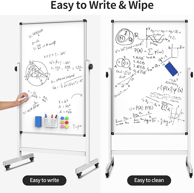 Rolling Whiteboard, Double Sided Magnetic Dry Erase Board Height Adjustable Whiteboard with Stand for Home Office Classroom (44" x 28")