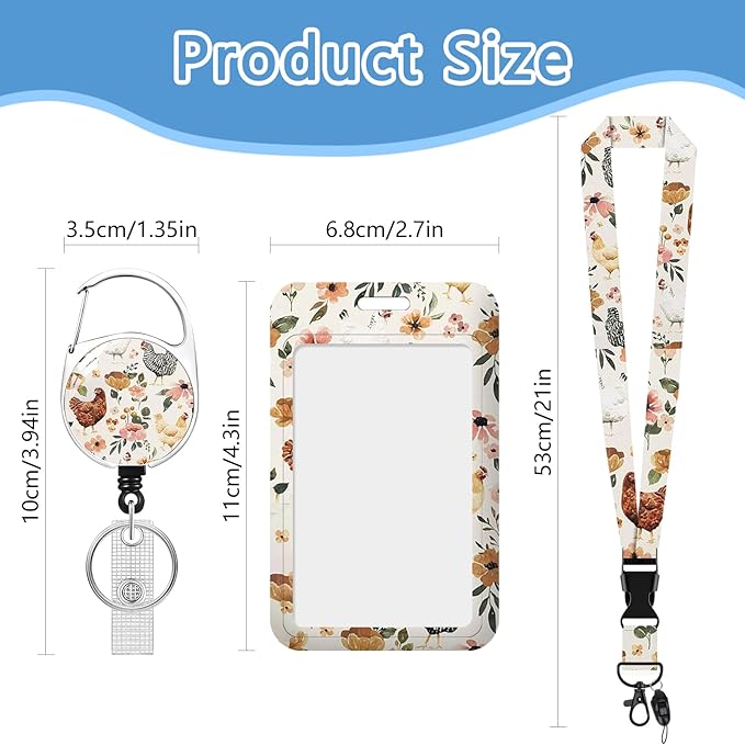 Floral Chickens Lanyard for Id Holder,Cute Rooster Badge Holder with Retractable Lanyard,ID Holder with Badge Reel Clips,Animal Keychain Name Tag ID Card Holder Teacher Women