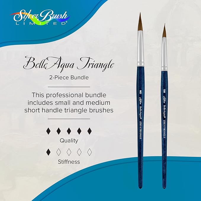 Silver Brush Limited BA-2762 BelleAqua Creative Shape 2pc Triangle Watercolor Brush Set, Premium Short Handle Small and Medium Triangle Artist Painting Brushes with Soft Red Sable Synthetic Filaments