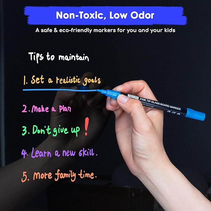 maxtek Neon Dry Erase Markers Fine Tip,Liquid Chalk Markers for Chalkboard,LED Note Board,Acrylic,First Day of School Board,Glass,Windows,1mm Fine Point,Assorted Colors,9 Count