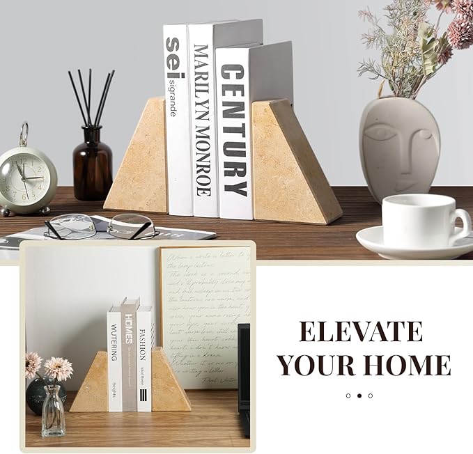 Koville Marble Bookends for Shelves, Large Bookends for Heavy Books, Non-Slip Heavy Duty Book Stopper for CD/Movies, Aesthetic Decorative Bookends for Shelves Table Home Decor(Brown)