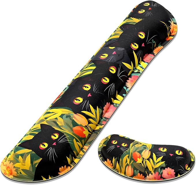Dapesuom Enlarge Keyboard Wrist Rest, Memory Foam Wrist Cushion for Desk Mats Support, Cute Typing Pain Relief Keyboard Mouse Pad Rests Set with Non-Slip Base for Gaming Laptop Computer, Black Cats