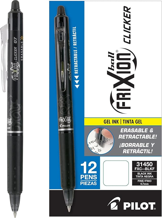 Pilot, FriXion Clicker Erasable Gel Pens, Fine Point 0.7 mm, Pack of 12, Black