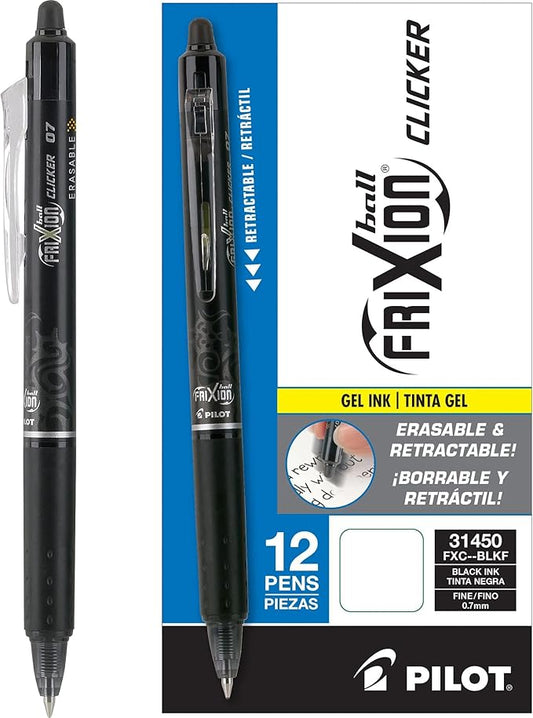 Pilot, FriXion Clicker Erasable Gel Pens, Fine Point 0.7 mm, Pack of 12, Black