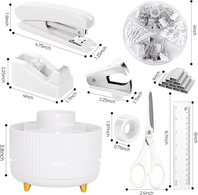 SKYDUE White Office Supplies Set, Office Desk Accessories 10PCS, Pencil Holder for Desk, Stapler, Tape Dispenser, Scissors, Ruler, Binder/Paper Clips and 1000pcs Staples,Desk Supplies Set