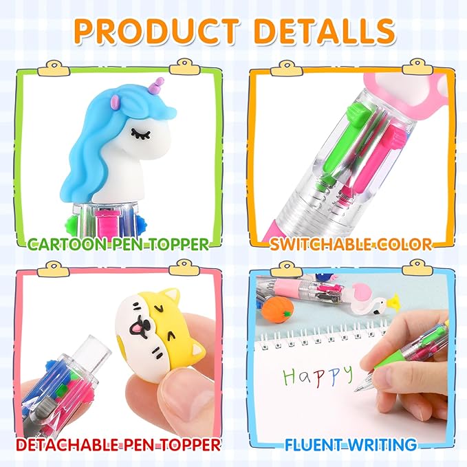 arscniek 24Pcs Multicolor Pen in One, 4-in-1 0.5mm Fine Point Cute Pens, Fun Kawaii Ballpoint Pen for Party Favors, Classroom Prizes, Teacher School Supplies, Bulk Gifts for Students