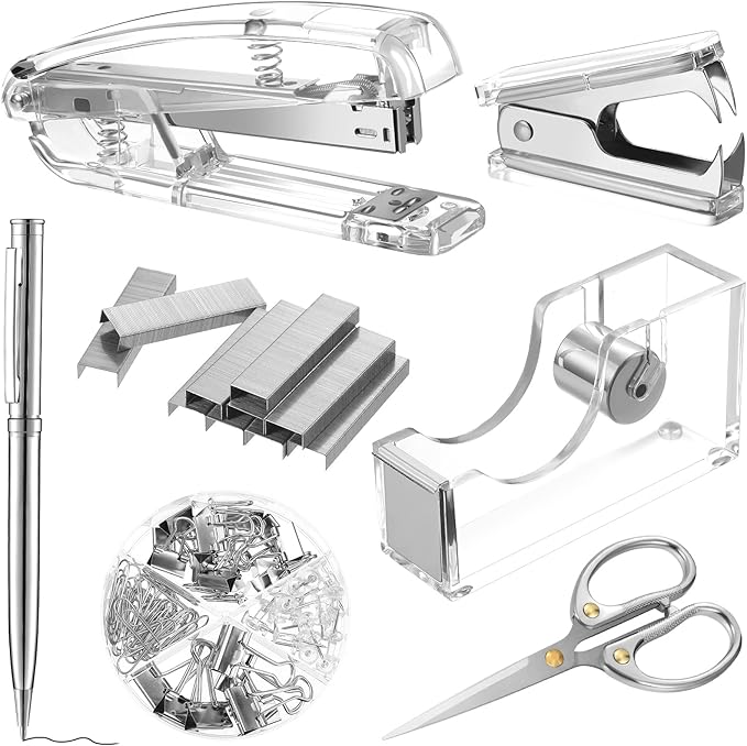 Office Supplies Set Desk Accessory Kit, Acrylic Stapler Set Staple Remover, Tape Dispenser, Binder Clips, Paper Clips, Ballpoint Pen and Scissor with 1000 Pieces 26/6 Staples (Silver)