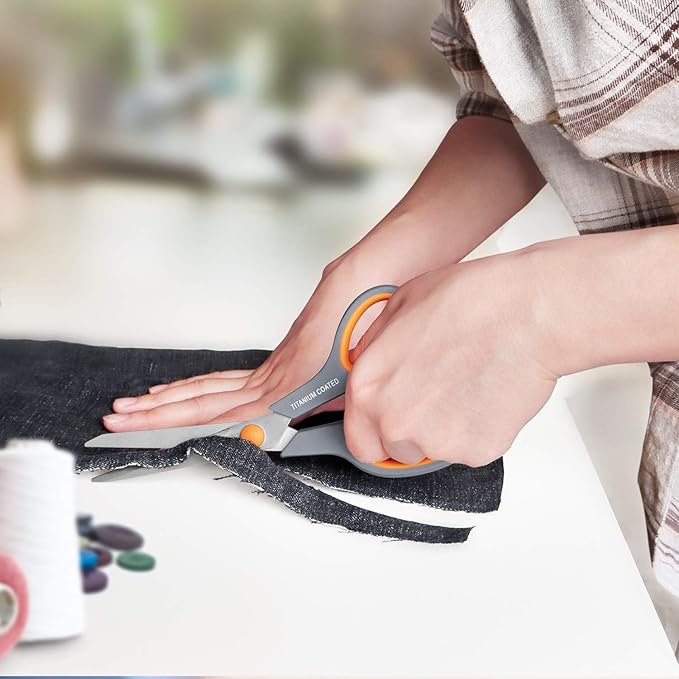 Scissors 8" Multipurpose Titanium Coated Sturdy Sharp Scissors Right/Left Handed Comfort-Grip Handles for Office Home School Sewing Fabric Craft Supplies Gray