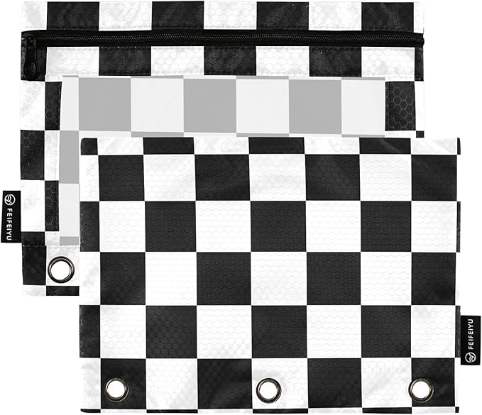 ALAZA Pencil Pouch for 3 Ring Binder, Black White Checkered Plaid Binder Pencil Pouches with Clear Window Zipper Pencil Case Cosmetic Bags for Office College Supplies, 2PCS