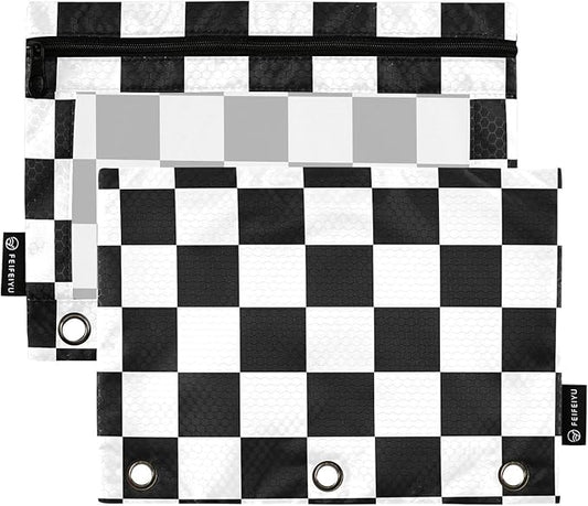 ALAZA Pencil Pouch for 3 Ring Binder, Black White Checkered Plaid Binder Pencil Pouches with Clear Window Zipper Pencil Case Cosmetic Bags for Office College Supplies, 2PCS