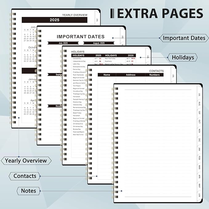 Planner 2025-2026, July 2025 - June 2026 Daily Weekly and Monthly Calendar Planner Book with Tabs, Notes Pages, Inner Pocket, Spiral Schedule Agenda A5, Back to School Supplies for School, College, Work-BLACK