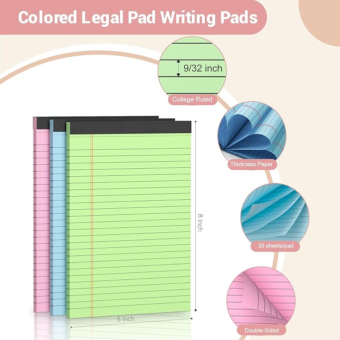 Note Pads 5x8, Narrow Ruled Legal Pad, Writing Pads 5x8, Colored Legal Pads, Pink Legal Pad,Small Note Pad, 30 Sheet/Notepad, 6 Pack Multicolor Lined Paper, Mini Legal Pads for School,Business,Home