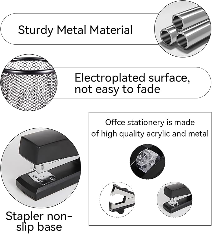Black Desk Accessories, Office Supplies Set with Stapler, Tape Dispenser, Staple Remover, Pen Holder, Scissor, Binder/Paper Clips, Ballpoint Pen, Clear Tape and 1000pcs Staples
