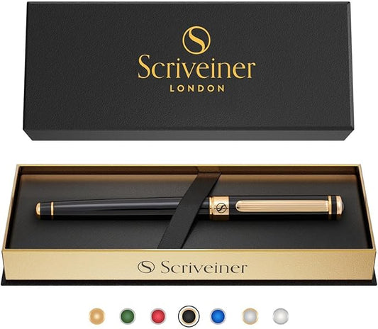 Scriveiner Black Lacquer Rollerball Pen - Stunning Luxury Pen, Real Gold Plating, Schmidt Ink Refill, Best Roller Ball Gift Set for Men & Women, Professional, Executive Office, Nice Pens
