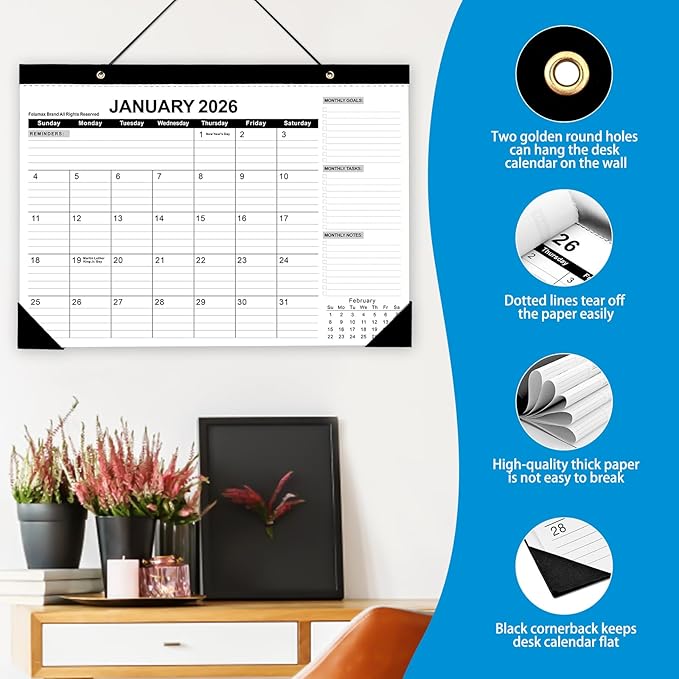 2026 Desk Calendar - Desk Calendar 2026 from Jan. 2026 to Dec 2026, Large 17" x 12" Desktop Monthly Calendar with Clear Waterproof Cover for Home School Office Desk Top Organizing
