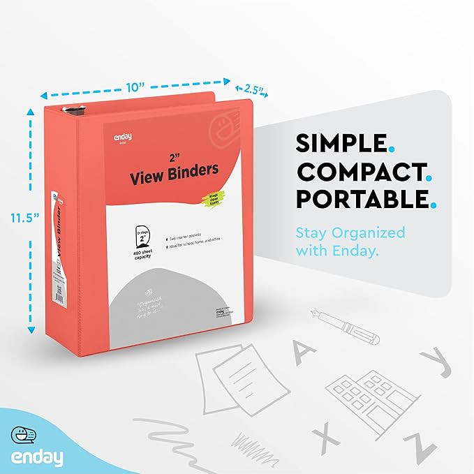 2 Inch 3 Ring Binder 2” Red, Slant D-Ring 2 in Binder Clear View Cover with 2 Inside Pockets, Heavy Duty Colored School Supplies Office and Home Binders – by Enday