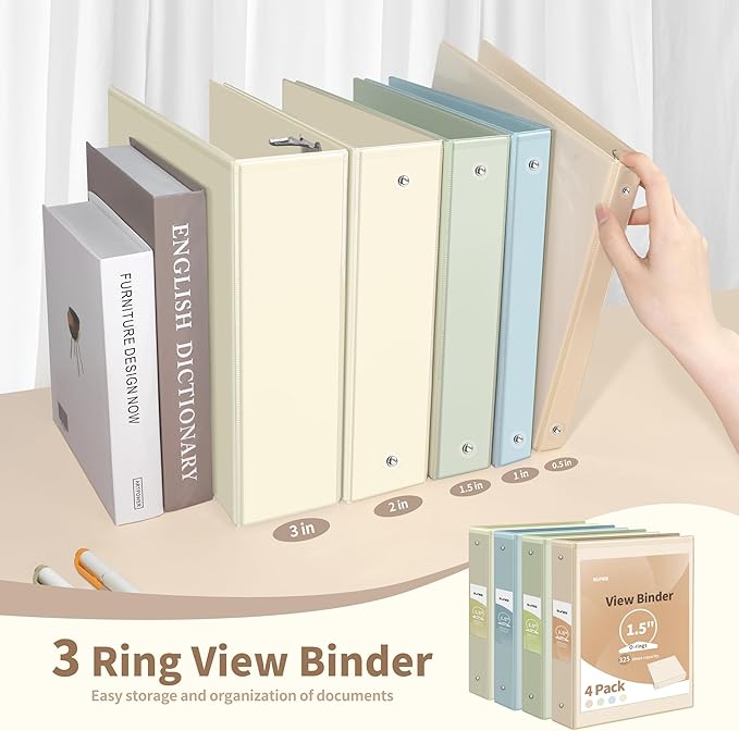 SUNEE 3 Ring Binder 1.5 Inch 4 Pack, Clear 1 1/2 Inch View Binder Three Ring PVC-Free (Fit 8.5x11 Inches) for School or Office Supplies, Neutral Aesthetic