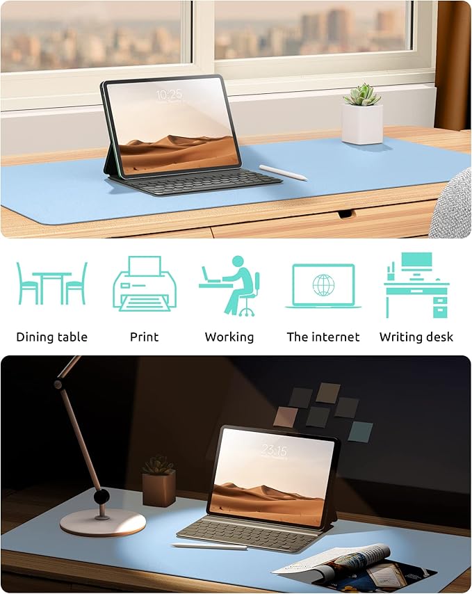 YSAGi Leather Desk Protector, Office Mat, Large Mouse Mat, Non-Slip PU Leather Blotter, Laptop Desk Pad, Waterproof Writing Pad for Office and Home (Baby Blue, 31.5" x 15.8")