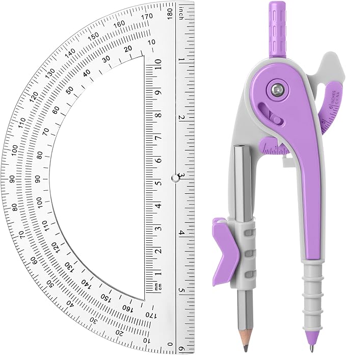 EBOOT Student Geometry Math Set, Drawing Compass and 6 Inch Clear Swing Arm Protractors 180 Degree Math Protractor (Lavender Purple)