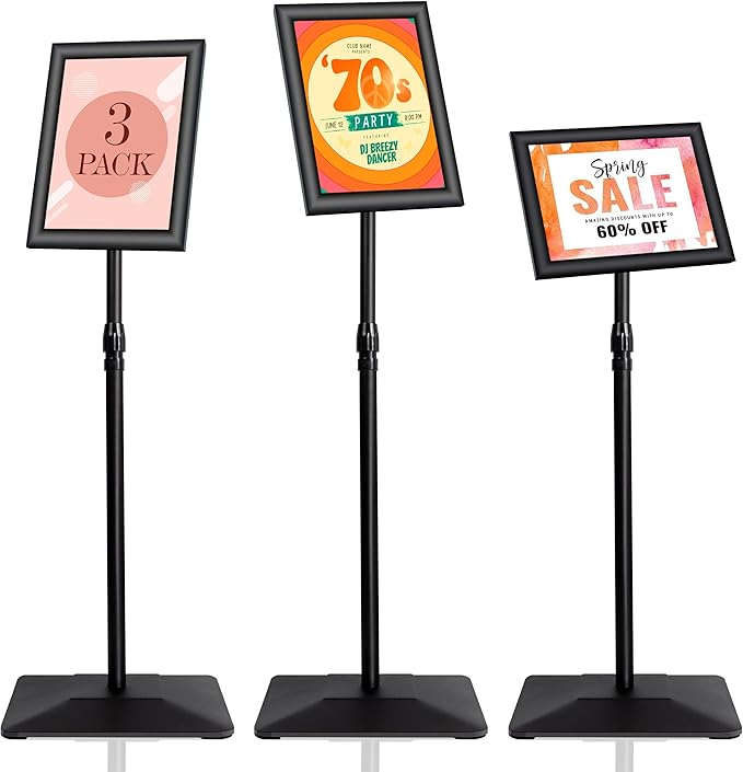 3 Packs Heavy Duty Pedestal Poster Sign Stand, 8.5"x11" Adjustable Floor Standing Sign Holder with 6.6Lbs Solid Steel Base for Vertical and Horizontal View Sign Displayed Stands, Black