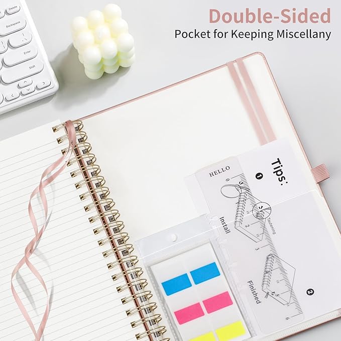 EMSHOI Spiral Notebook College Ruled, 300 Numbered Pages, A4 Large Hardcover Leather, 100 GSM Thick Lined Journal for Women Men Work Writing Journaling Note Taking, 8.27" x 11.2", Rose Gold