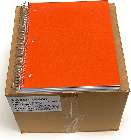 Mintra Office Durable Spiral Notebooks, 5 Subject (Orange, College Ruled 12pk)