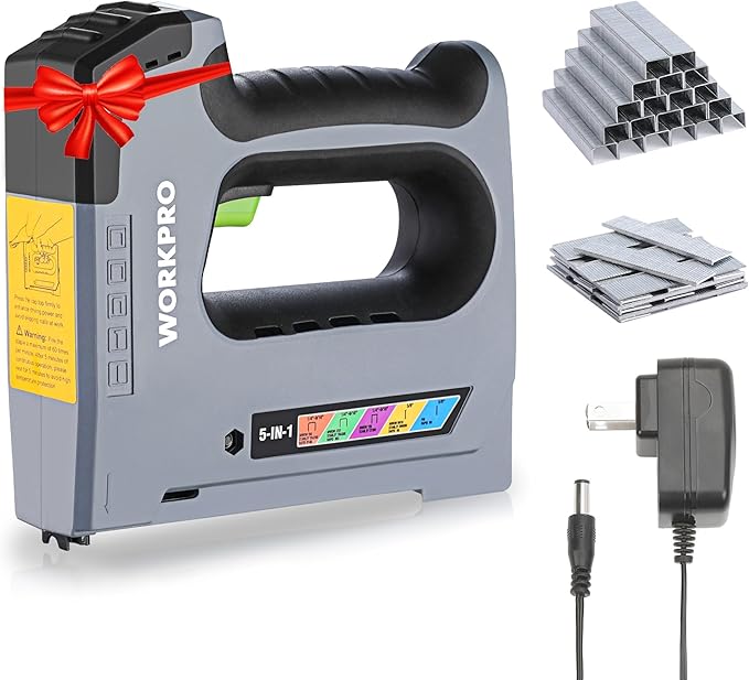 WORKPRO 5 in 1 Cordless Staple Gun, 3.6V Rechargeable Electric Stapler with 2000 Staples and Nails, Upholstery Staple Gun for Wood, Furniture, Office, and DIY Projects