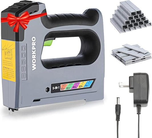WORKPRO 5 in 1 Cordless Staple Gun, 3.6V Rechargeable Electric Stapler with 2000 Staples and Nails, Upholstery Staple Gun for Wood, Furniture, Office, and DIY Projects