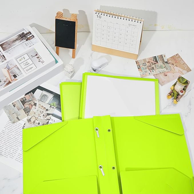 Henoyso 48 Pcs Plastic Folder with Clear Front Pocket and 3 Prongs Heavy Duty Plastic Folders with Card Slot Pocket Folders with Prongs for School Office Home(Fluorescent Green)