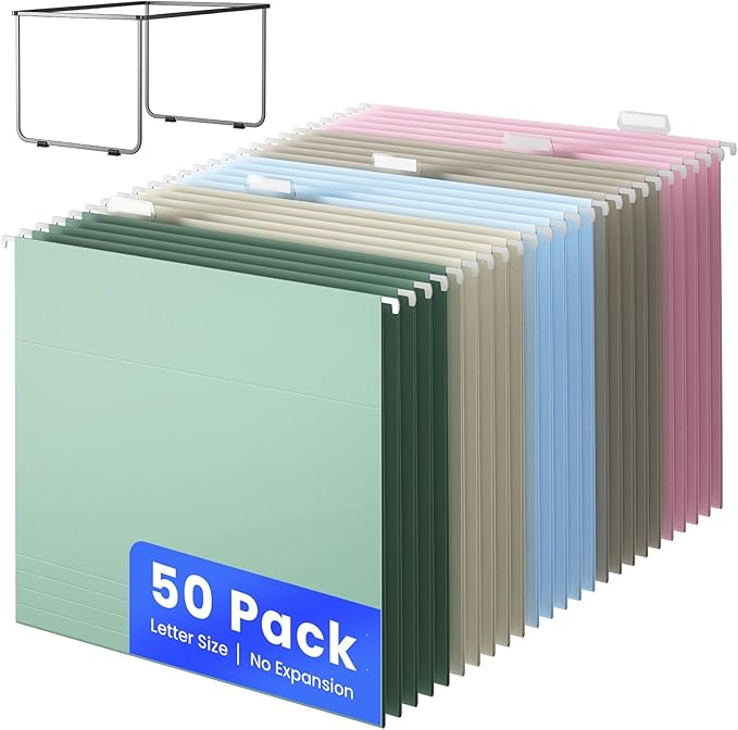 Hanging File Folders Letter Size, 50 Pack File Organizer Folders, 1/5-Cut Tabs with Hanging File Folder Frame, Heavy Duty No Extension, Stay Organized for Your Home and Office Bulk File.