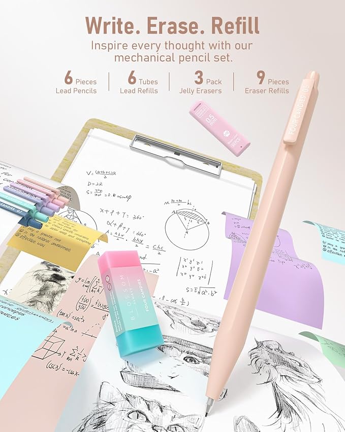 Four Candies 39 PCS Aesthetic School Supplies with Cute Pen Case, 12 Pastel Highlighters, 5 Black Ink Gel Pens, 6 Mechanical Pencils Set for Students Stationary College Essentials (Cream)