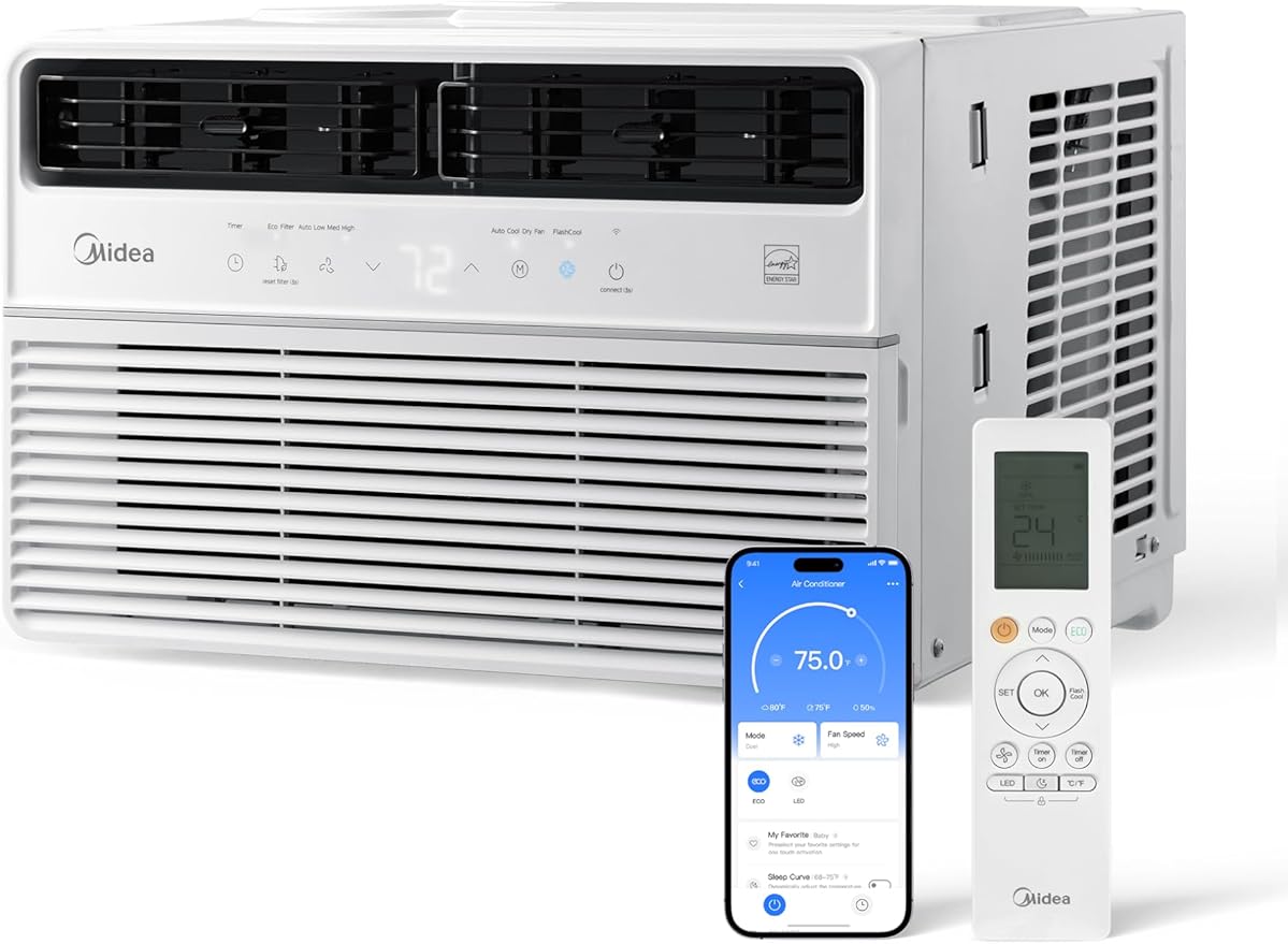 Midea 8,000 BTU Smart Inverter Window Air Conditioner with APP, Alexa Control, 115V AC Unit Cools up to 350 Sq. Ft, Quiet Operation, Energy Saving, Remote & Easy Installation Kit, White