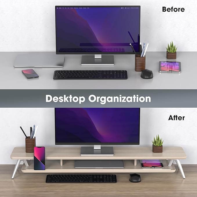 Fenge Dual Monitor Stand, Monitor Stands Riser for 2 monitors, 42.5 Inch Wood Desk Shelf with Storage Organizer and Cable Management for Office Desk Accessories