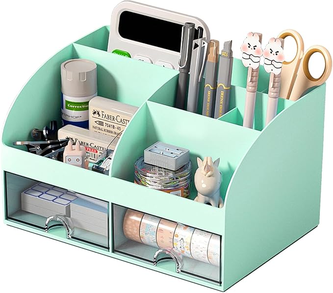 Desk Organizer with 6 Compartments and 2 Drawers, Plastic Makeup Organizer, Pen Holder for Desktop Storage, Desk Organization for School, Home, Office Supplies (Mint Green)