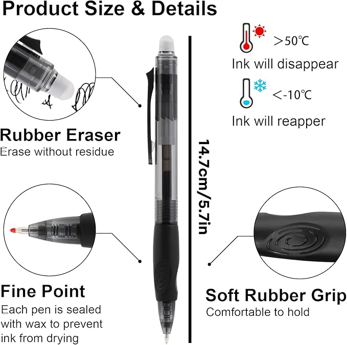 USUAL Retractable Erasable Pens 12 Colored Erasable Gel Pen 0.5mm Erasable Gel Pens Black Make Mistakes Disappear Smooth Writing Pen Office Back-to-School Supplies (6 Black 6 Blue)
