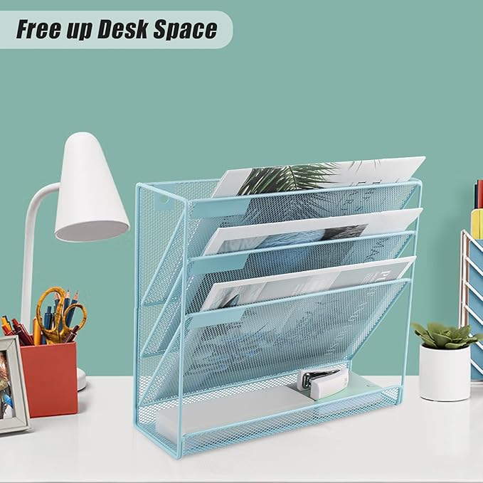 EASEPRES Desk File Organizer Mesh 4-Tier, Hanging Wall Mount Document Organization Stand, Desktop Vertical Mail Paper Folder Holder Rack with Bottom Tray for Office Home Cubicle Countertop, Blue