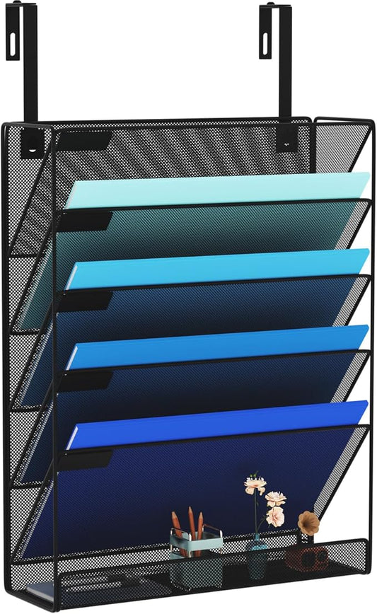 6-Tier Hanging File Organizer Office Cubicle Accessories for Work Organizer Wall Mount File Holder for Mails Folders Papers Magazine Organization, Black