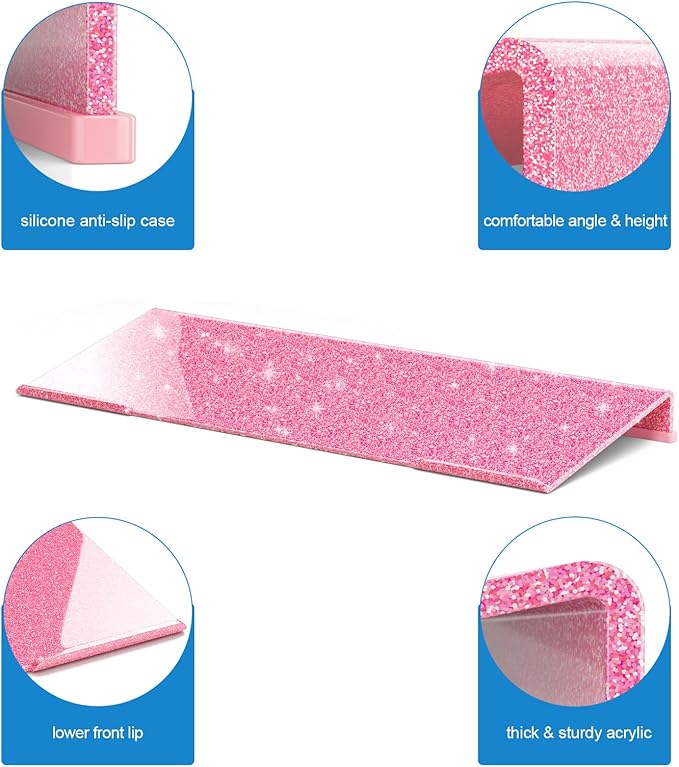 WINFFOR Comfortable Computer Keyboard Stand - Ergonomic Keyboard Riser Acrylic Tilted Keyboard Holder for Easy Typing&Working at Home Office - Fits All Keyboard Sizes - 17'' Wide (Glitter Pink)
