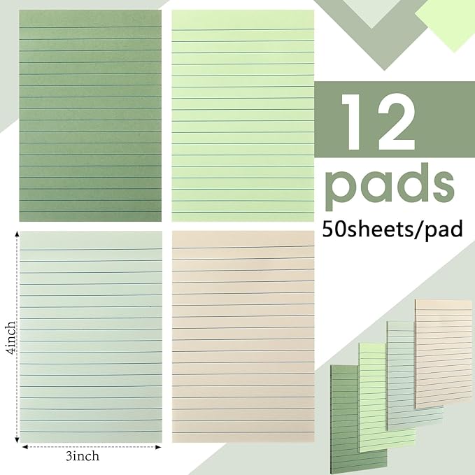 12 Pads Green Boho Sticky Notes 4x6 with Line, Lined Self Stick Notes Pads Boho Office Supplies, Vintage Aesthetic School Accessories 50 Sheets/pad