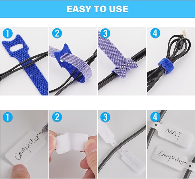 70 PCS Reusable Cable Ties with Hook and Loop, Multi-purpose Adjustable Cable Management Wire Ties & 10 PCS Cable Labels, Cord Organizer for Home, Office and Data Centers (4/6/8 Inch, Black)