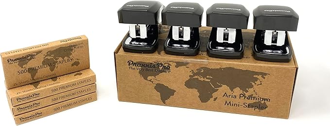 Aria Premium Mini Stapler Set by PraxxisPro - with Built-in Staple Removers, 2000 Standard Staples Included - for Office, School, and Travel (All Black)