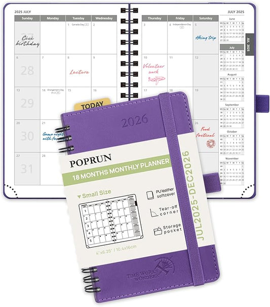 POPRUN Monthly Planner 2025-2026 Pocket Size (4" x 6.25") 18 Months Calendar (Jul 2025 - Dec 2026) - 4 Pages per Month with Monthly Expense & Notes, Sunday Start, Leather Cover - Purple