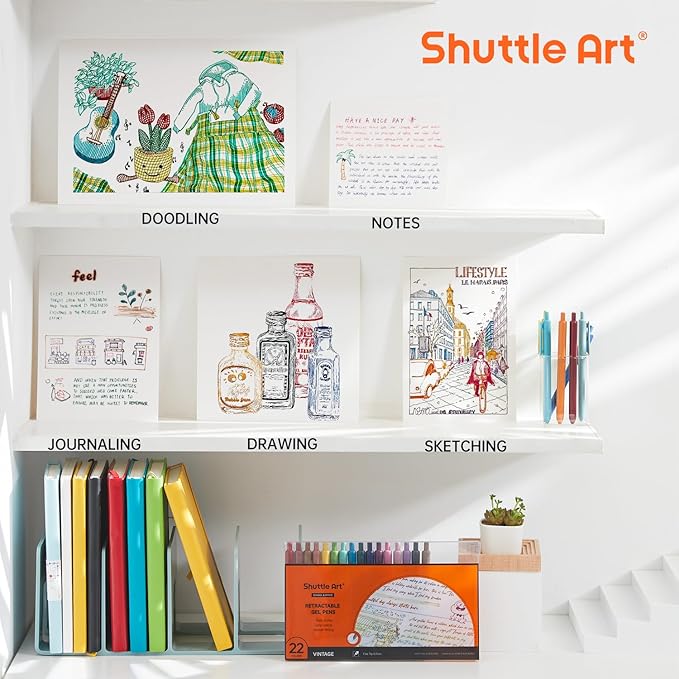 Shuttle Art Colored Retractable Gel Pens, 22 Unique Vintage Ink Colors, 11 Light and 11 Dark Vintage, Cute Pens 0.7mm Point Quick Drying for Writing Drawing Journaling Note Taking School Office Home
