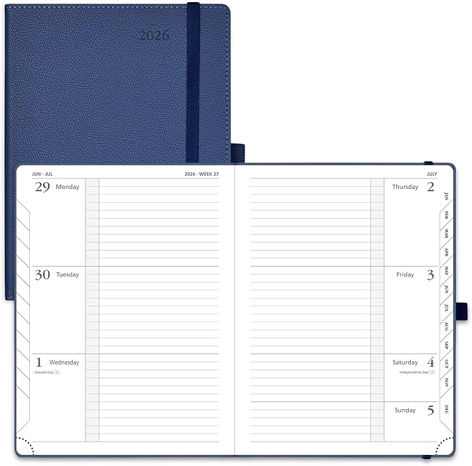 POPRUN 2026 Weekly & Monthly Planner Calendar, 6.75" x 8.75" Medium, Horizontal Layout with Lined Sections, Jan. 2026 - Dec. 2026, Leather Hardcover, 100GSM Paper, Inner Pocket - Navy Blue