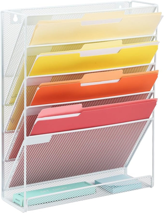 EASEPRES Desk File Organizer Mesh 6-Tier, Hanging Wall Mount Document Organization Stand, Desktop Vertical Mail Paper Folder Holder Rack with Bottom Tray for Office Home Cubicle Countertop, White