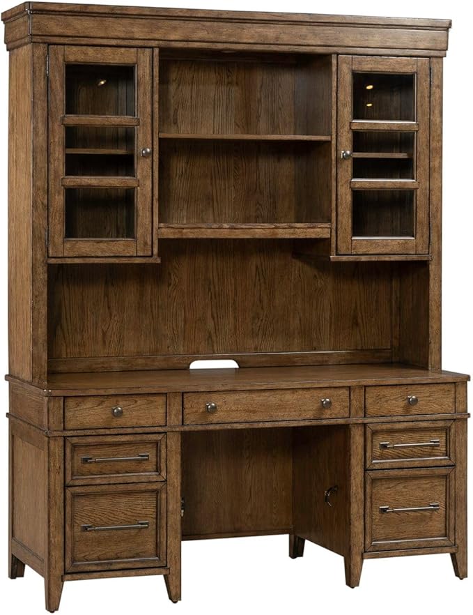 Liberty Furniture Carolina Park Credenza & Hutch with LED Light, Keyboard Tray, File Storage for Home Office- Amber Brown Oak Wood